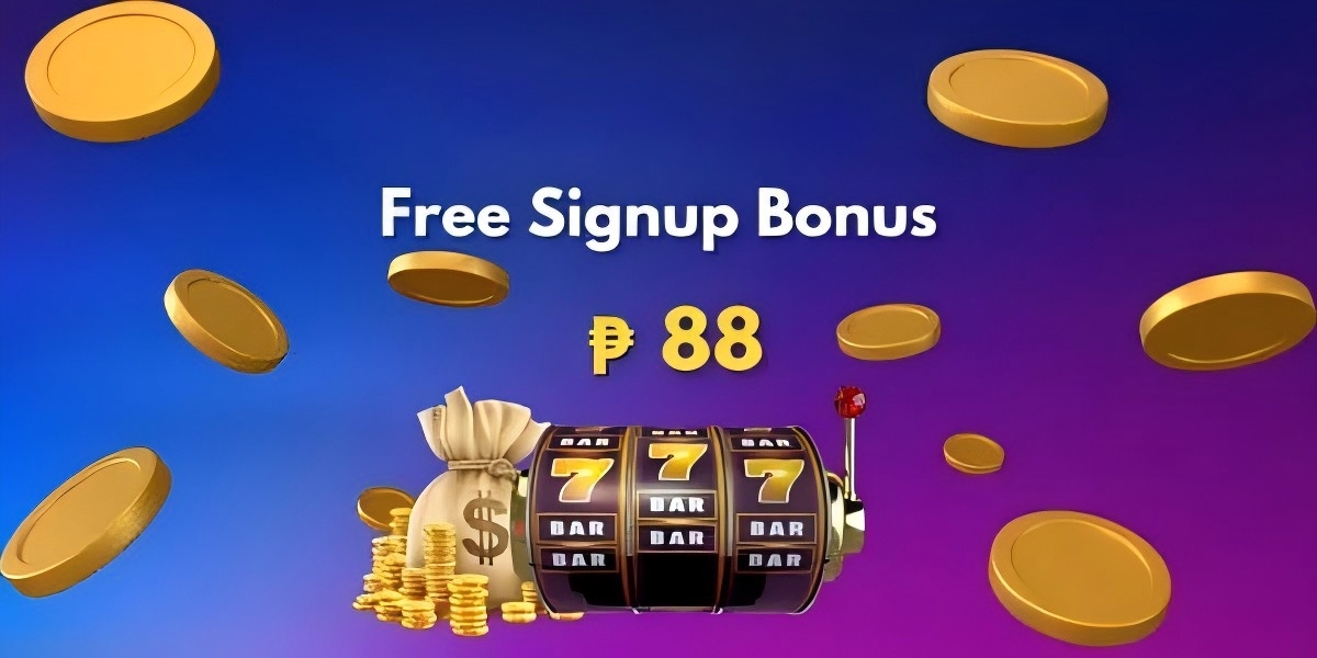 Gold coins and a slot machine beside a free signup bonus notice